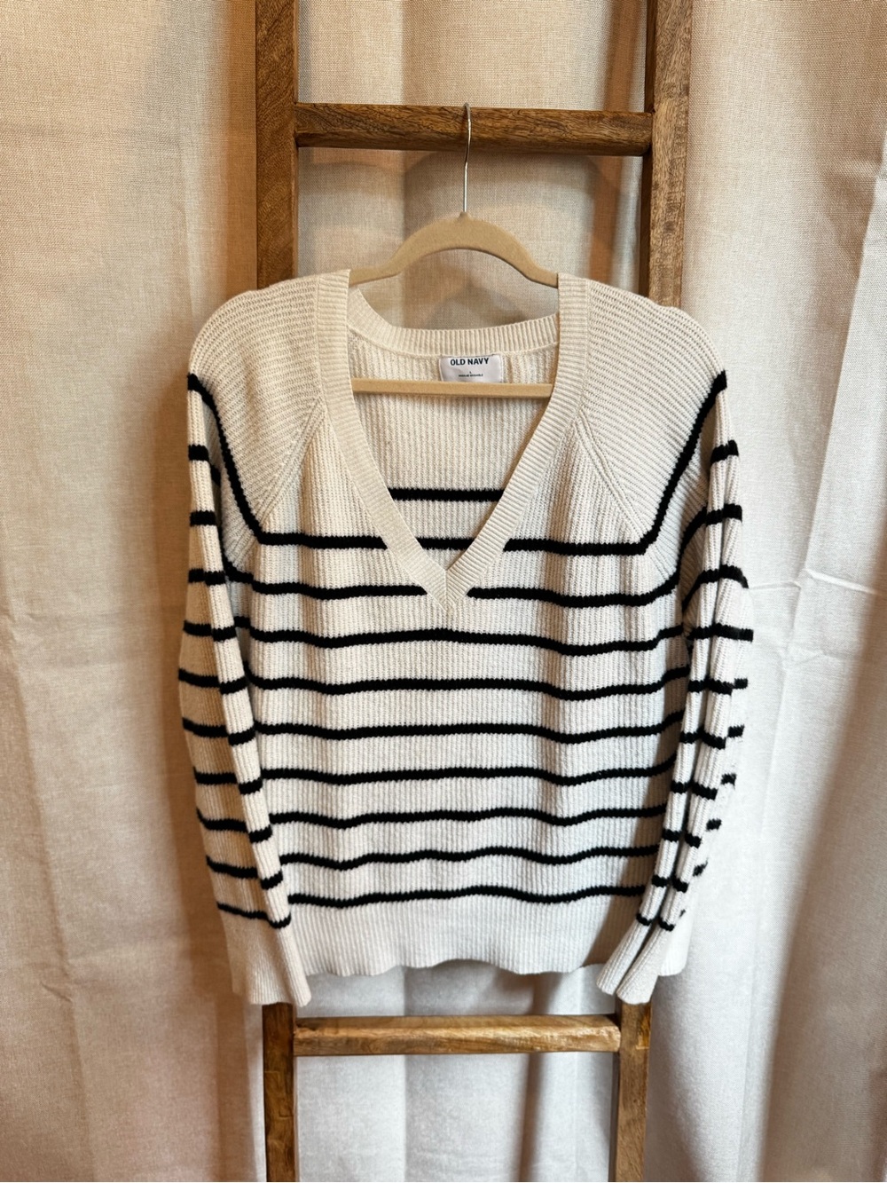 Old Navy Cream V-Neck Sweater with Black Stripes